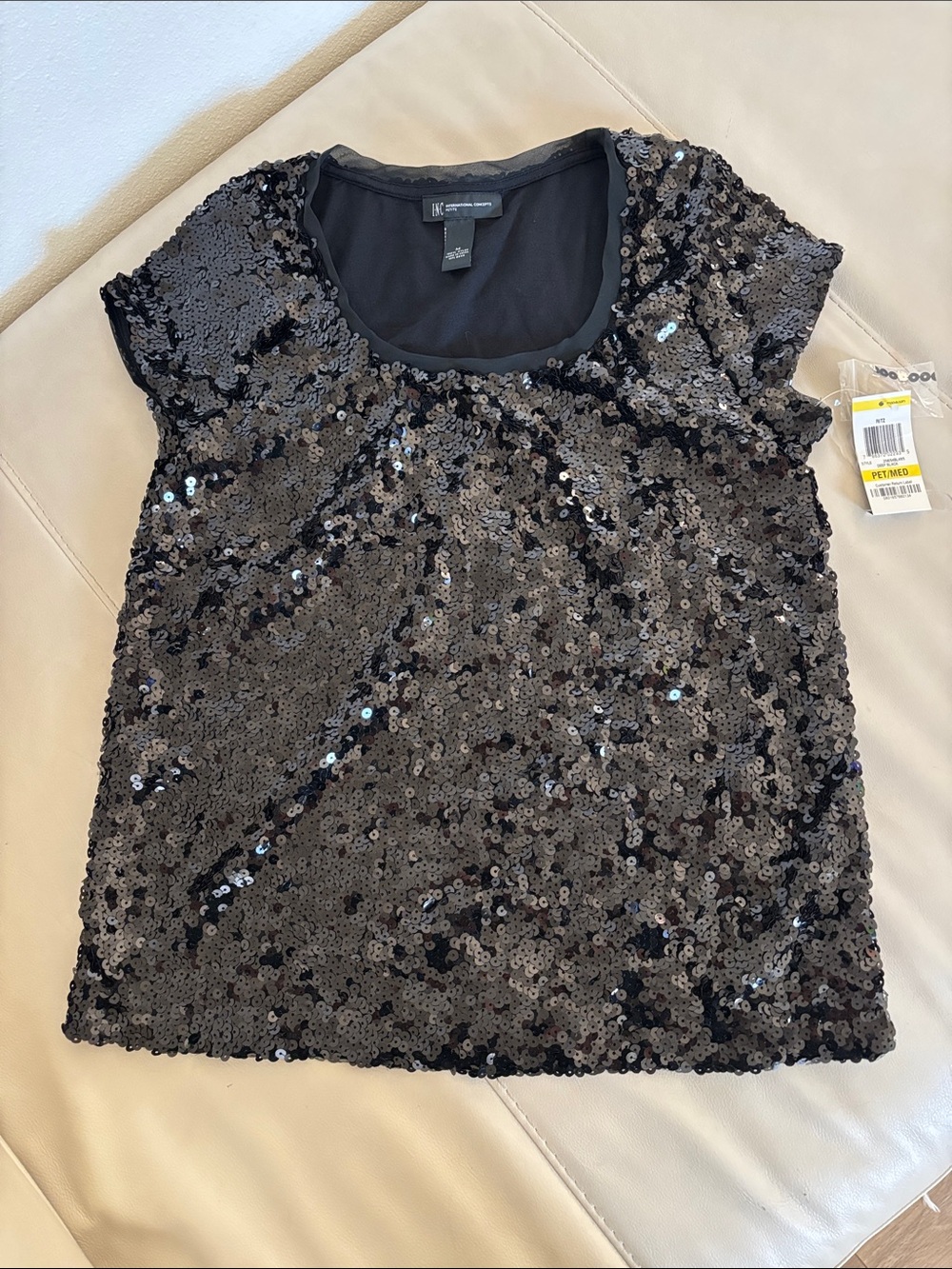 INC International Concepts Black Sequin Short Sleeve Scoop Neck Top